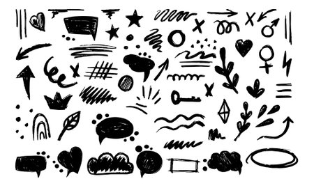 Hand-drawn pencil color brush elements, brush with crayon effect, chalk texture.Vector illustration in children's style. Crayon brush scribble, square, spiral, arrow.のイラスト素材