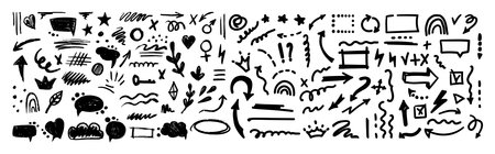 Hand-drawn pencil color brush elements, brush with crayon effect, chalk texture.Vector illustration in children's style. Crayon brush scribble, square, spiral, arrow.のイラスト素材