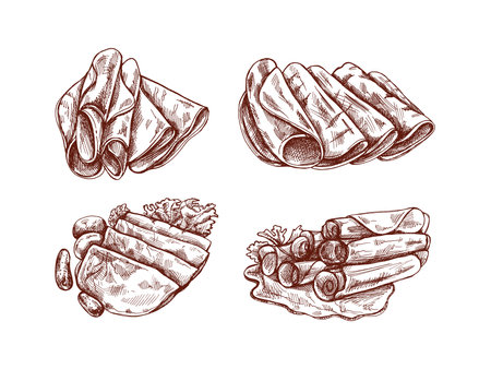 Hand-drawn monochrome vector sketch of pork meat, ham slice, prosciutto vintage sketch. Butcher shop.のイラスト素材