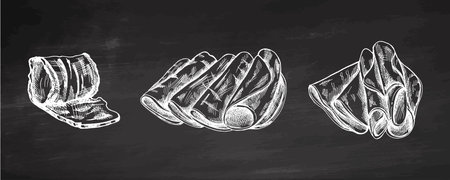 Hand-drawn monochrome vector sketch of pork meat, ham slice, prosciutto vintage sketch on chalkboard. Butcher shop.のイラスト素材