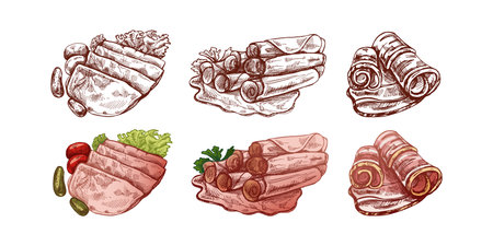 Hand-drawn monochrome and colored vector sketch of pork meat, ham slice, prosciutto vintage sketch. Butcher shop.のイラスト素材