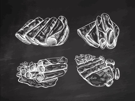 Hand-drawn monochrome vector sketch of pork meat, ham slice, prosciutto vintage sketch on chalkboard. Butcher shop.のイラスト素材