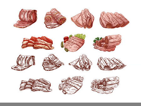 Hand-drawn vector sketch set of bacon, hamon or pork meat, ham slices. Italian prosciutto vintage sketch. Butcher shop. Great for label, restaurant menu. Engraved image.のイラスト素材