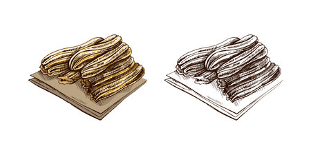Hand-drawn colored and monochrome sketch of churos. Vintage drawing of Mexican dessert. Vector black ink outline food illustration. Mexican food, cuisine. An illustration for the menu. Latin America.のイラスト素材