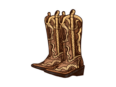 Hand-drawn colored sketch of leather boots. Vintage drawing of Latin American national shoes. Vector black ink outline illustration. Mexican culture. Latin America.のイラスト素材
