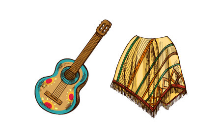 Hand-drawn colored sketch of realistic mexican poncho and guitar. Vintage drawing. Vector black ink outline illustration. Mexican culture. Latin America.のイラスト素材