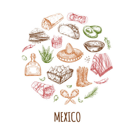 Colored elements in circle. Realistic mexican dishes and products. Vintage sketch drawings of Latin American cuisineのイラスト素材