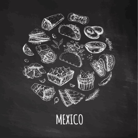 Elements in circle on chalkboard background. Realistic mexican dishes and products. Vintage sketch drawings of Latin American cuisineのイラスト素材