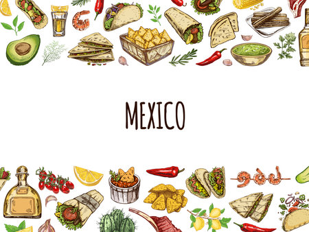 Colored template with Mexican elements in engraved vintage style. Realistic mexican dishes and products. Vintage sketch drawings of Latin American cuisineのイラスト素材