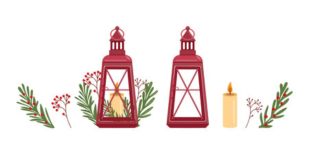 Winter Christmas lanterns, decor in flat vector design. Merry holiday. elements set.のイラスト素材