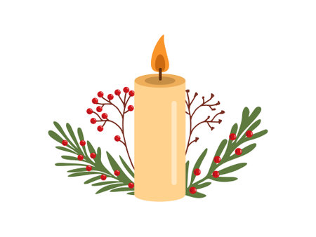 Flat style burning candle decorated with Christmas branches with red berries. Vector illustration.のイラスト素材