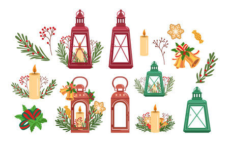 Winter Christmas lanterns, decor in vector style.のイラスト素材