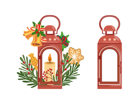 Winter christmas lanterns, decor in flat vector design.のイラスト素材