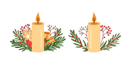 Flat style burning candle decorated with Christmas branches with red berries, Christmas bells, etc.のイラスト素材