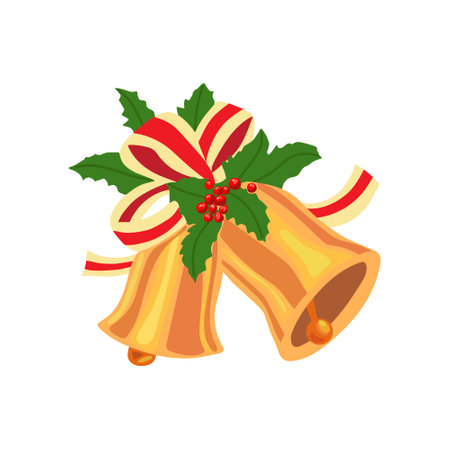 Golden christmas bells with holly leaves, berries, and festive ribbon. Holiday decoration illustration in flat style.のイラスト素材