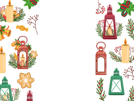 Vertical christmas border with lanterns, candles, holly, and festive decorations. Rectangular template in flat style.のイラスト素材