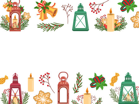Christmas decorations with lanterns, candles, holly, and festive elements. Rectangular template in flat style.のイラスト素材