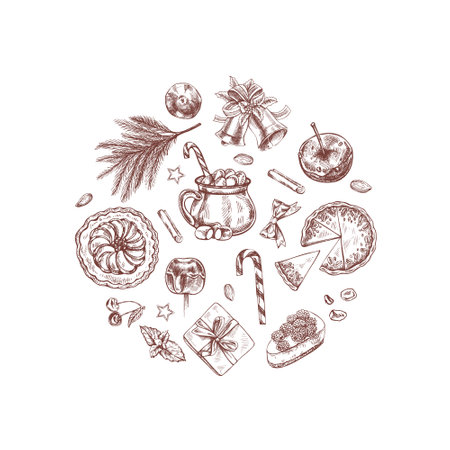 Christmas food and holiday desserts illustration in vintage styleのイラスト素材