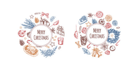 Hand-drawn Christmas wreath and holiday drinks with "Merry Christmas" textのイラスト素材