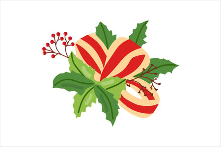 Christmas holly leaves with berries and striped ribbon illustrationのイラスト素材