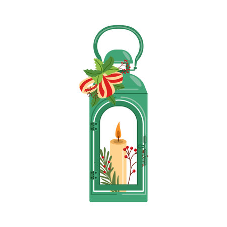 Green Christmas lantern with candle, greenery, and bow festive illustrationのイラスト素材