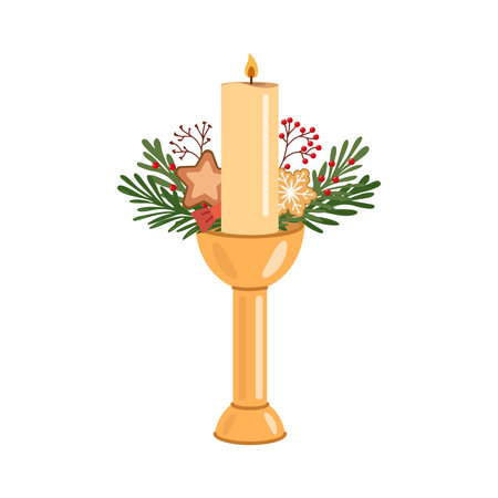Golden candle with festive greenery, cookies, and berries illustrationのイラスト素材