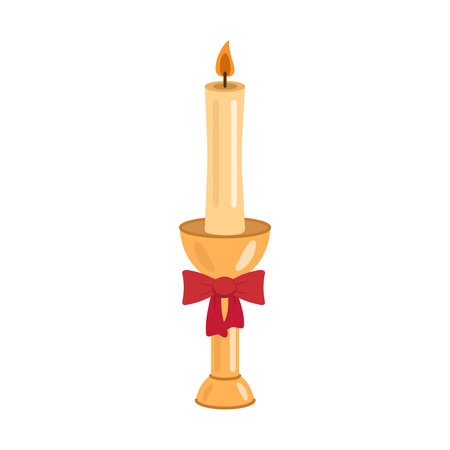 Golden candle with red bow and festive flame illustrationのイラスト素材