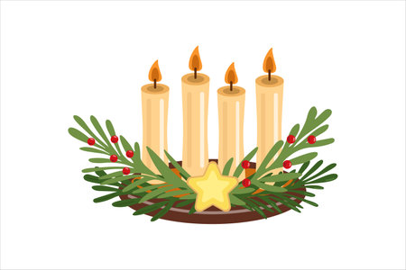 Christmas advent candles with greenery, berries, and star illustrationのイラスト素材