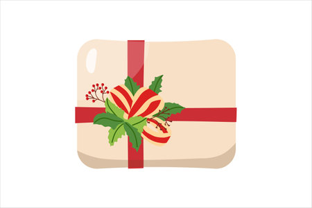 Christmas gift box with red ribbon and festive greenery illustrationのイラスト素材