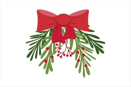 Christmas greenery with red bow and berries illustrationのイラスト素材