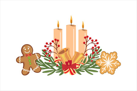 Christmas candles with gingerbread, bells, berries, and greenery illustrationのイラスト素材