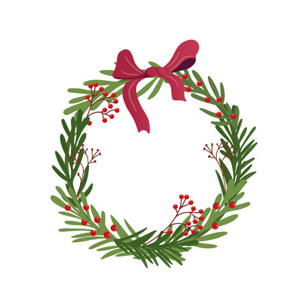 Christmas wreath with red bow and festive berries illustrationのイラスト素材