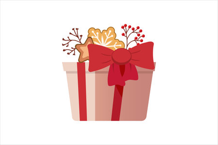 Christmas gift box with cookies, red bow, and berries illustrationのイラスト素材