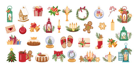 Set of Christmas elements in flat style with festive decorations, gifts, and holiday iconsのイラスト素材