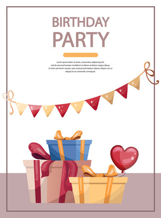 Birthday party card with gifts and festive decorations templateのイラスト素材