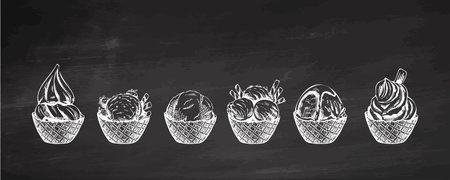 Vintage hand-drawn ice cream scoops in waffle bowls sketch illustration Hand-drawn vintage ice cream scoops in waffle cups sketch illustration on chalkboard backgroundのイラスト素材