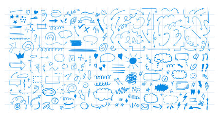 Hand-drawn black doodle elements on checkered backgroundのイラスト素材