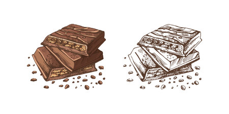 Colored and monochrome sketch of stack of chocolate bars with crumbs in sketch styleのイラスト素材