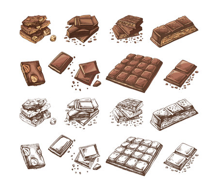 Hand-drawn colored chocolate illustrations set featuring bars and chunksのイラスト素材