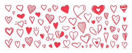Collection of hand-drawn red heart shapes in flat doodle style