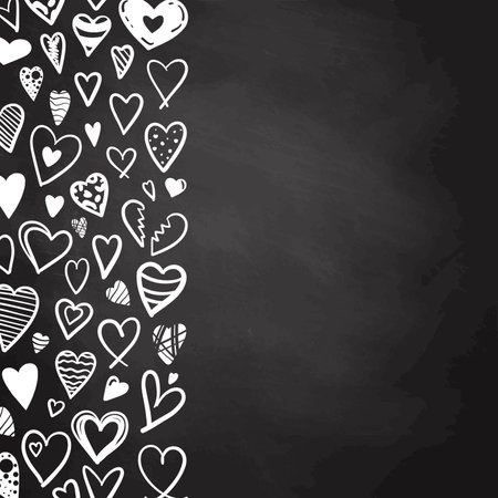 Vertical border design with various white hearts in doodle style on chalkboard backgroundのイラスト素材
