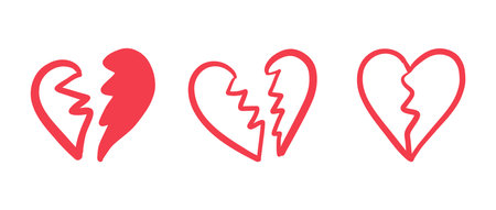 Set of broken heart icons in red color, doodle styleのイラスト素材