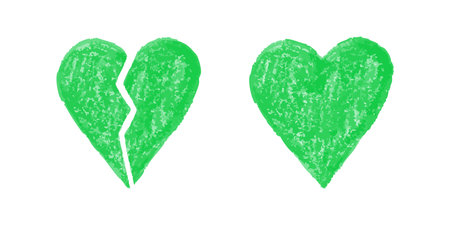 Broken and whole green crayon hearts on white background in textured styleのイラスト素材
