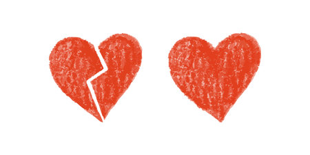 Broken and whole red crayon hearts on white background in textured styleのイラスト素材