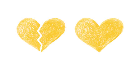 Broken and whole yellow crayon hearts on white background in textured styleのイラスト素材