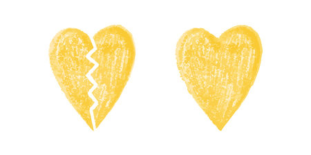 Broken and whole yellow crayon hearts on white background in textured styleのイラスト素材