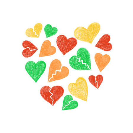 Colorful hand-drawn hearts forming a big heart, love and emotions illustrationのイラスト素材