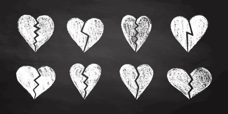 Broken white hearts on black chalkboard, hand-drawn textured love symbolsのイラスト素材