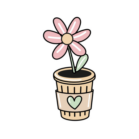 Cute potted flower doodle and flat illustration with heart decorationのイラスト素材