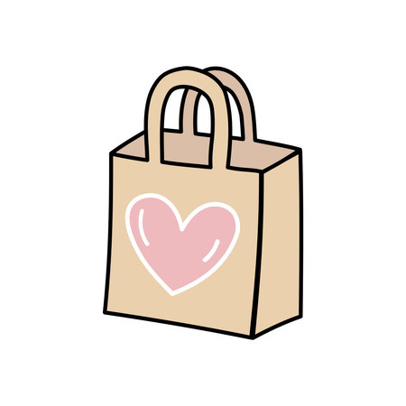 Reusable paper bag doodle and flat illustration with heart symbolのイラスト素材